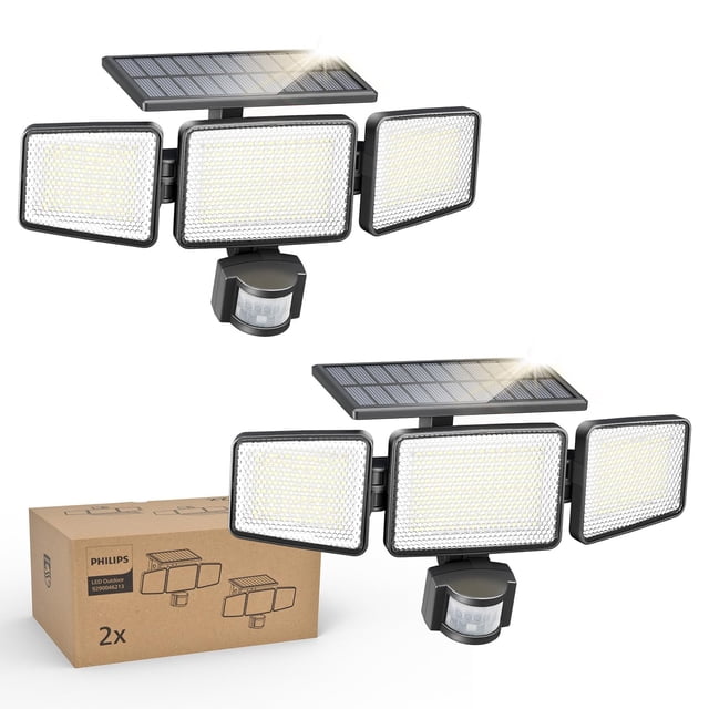 Philips 2 Pack Solar Security Light Outdoor 302 LED 1200lm, Solar-Powered Waterproof Wall-Mounted Floodlight w/PIR Motion Sensor, 3 Heads, IP65 Waterproof, 3 Modes