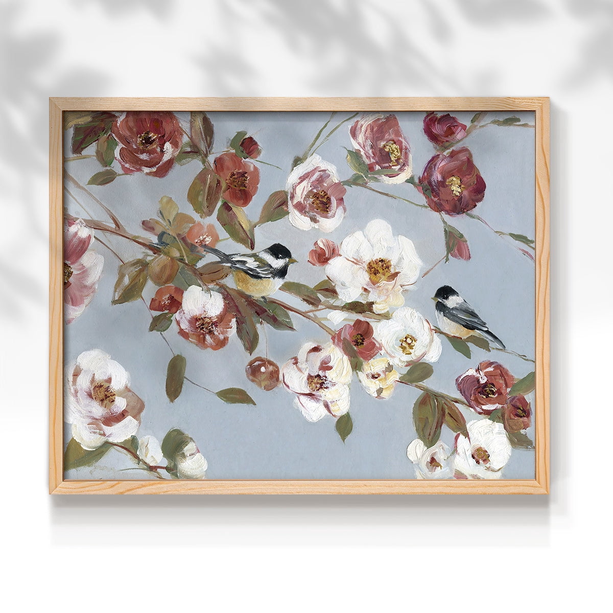 Chickadees and Blossoms II by Sally Swatland - Restickable Framed Giclée Print