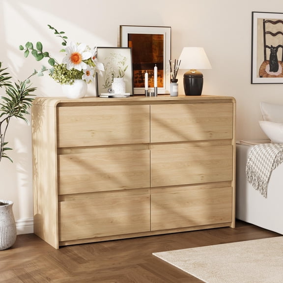 WACASA 6 Drawer Dresser for Bedroom, Brown Bedroom Dresser for Closet with Round Edge, Modern Wood Dressers & Chests of Drawers for Living Room, Hallway