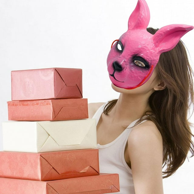 Máscara de cosplay de conejo, máscara de animal aterrador, fantasía para adultos, máscara de cabeza de conejo de PVC que muestra media mascarilla para Rosa