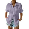 thumbnail image 2 of Short Sleeve Tops for Women Shirts for Women Summer Casual Cotton Linen Short Sleeve T Shirt Loose Fit Button Down Lapel Solid Color Tees, 2 of 6