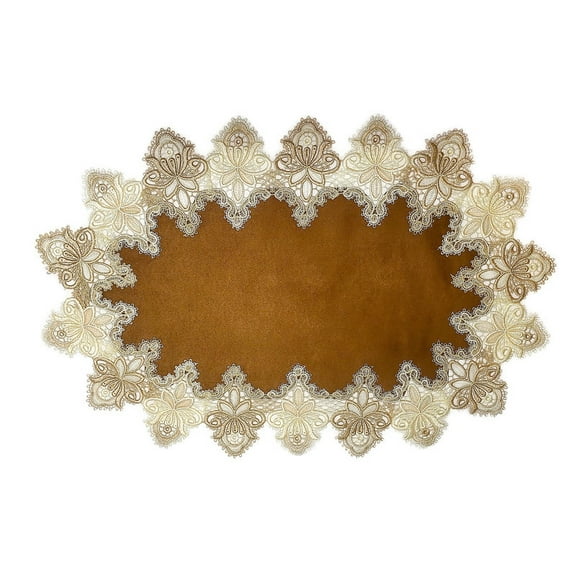 Doily Boutique Placemat or Doily in Gold Vintage Lace and Brown Microsuede Fabric Handmade Size 24 x 15 inches