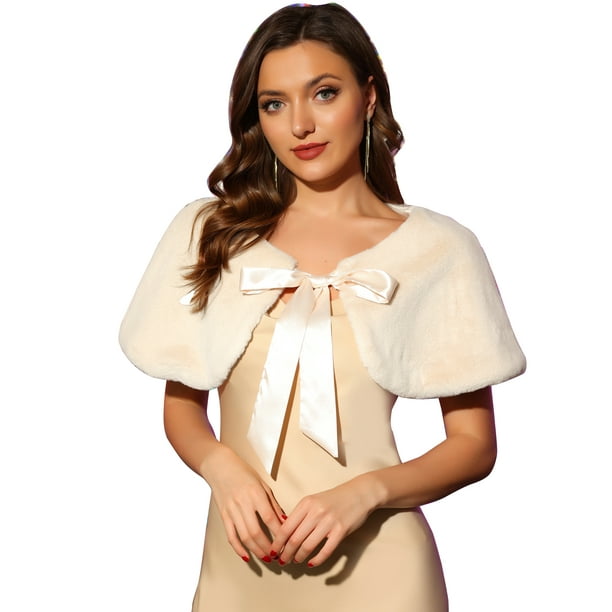 Elegante chal de piel sintética para mujer con cinta de lazo para novia, boda, fiesta, estola, encogimiento de hombros Beige M
