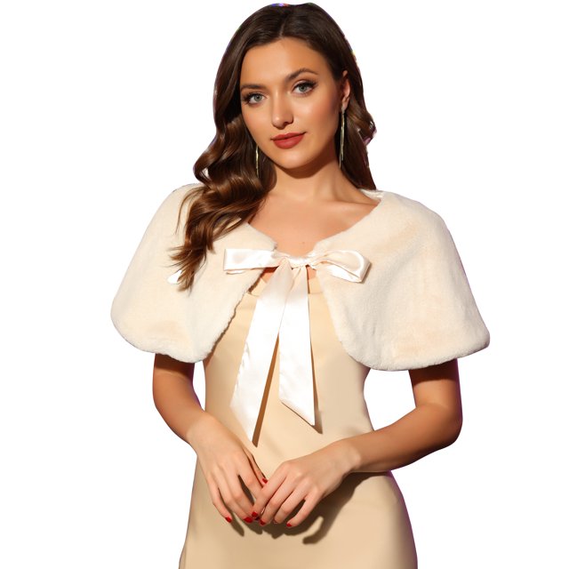 Elegante chal de piel sintética para mujer con cinta de lazo para novia, boda, fiesta, estola, encogimiento de hombros Beige L