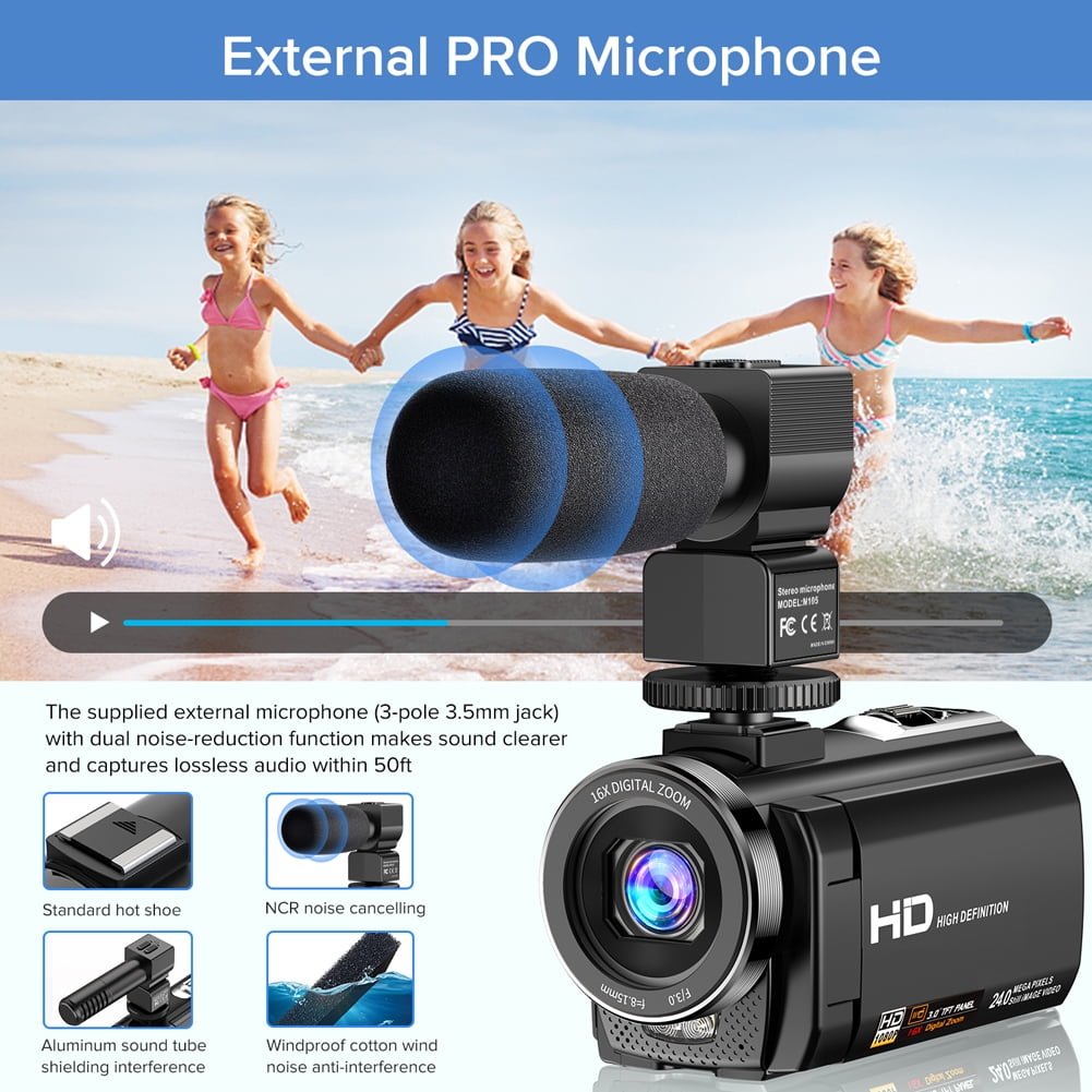 Video Camera Camcorder YouTube Vlogging Camera With 32G SD Card FHD 1080P 30FPS 24MP 16X Digital Zoom 3" LCD 270 Degrees Rotatable Screen with Microphone,2 Batteries