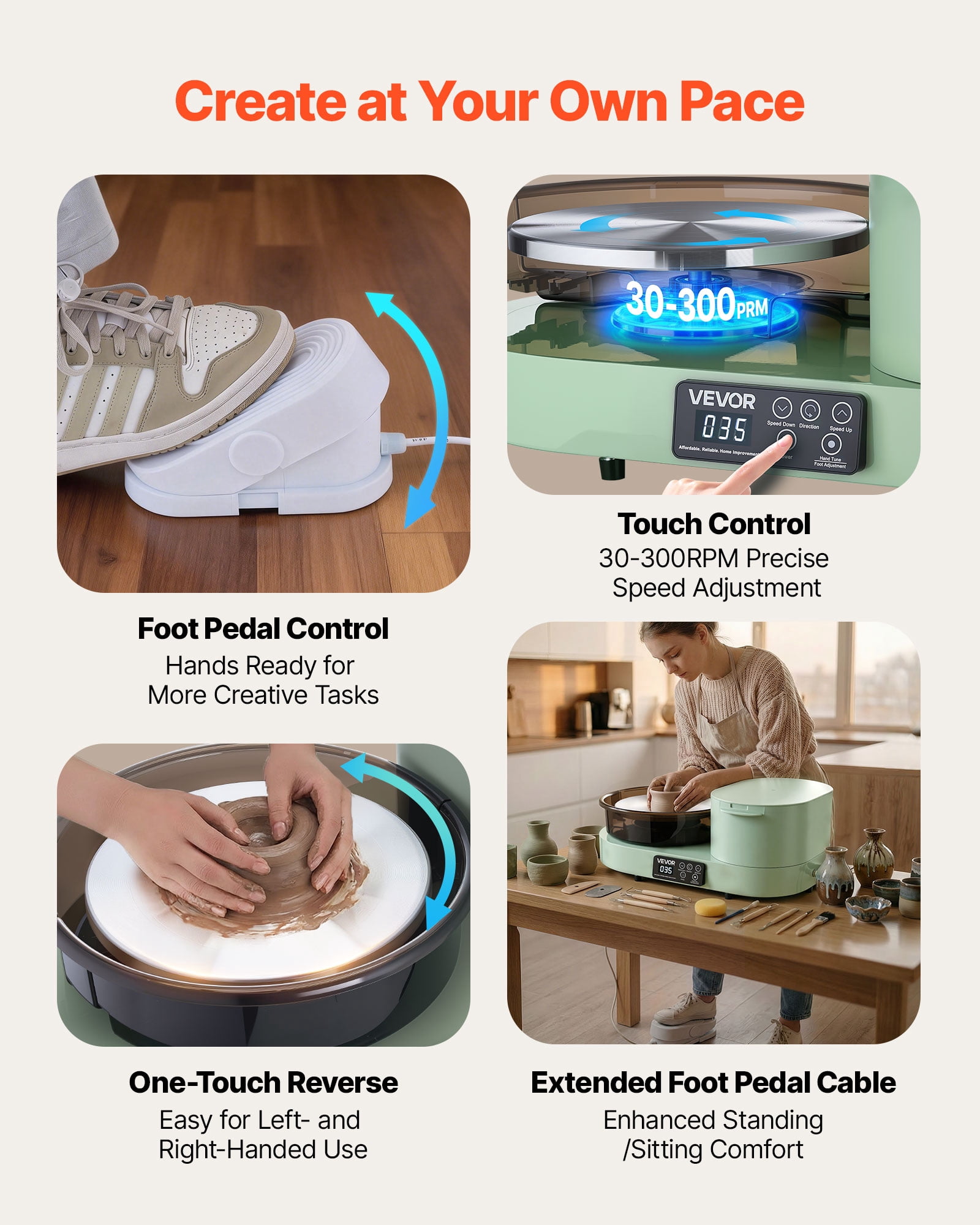 VEVOR Pottery Wheel for Adults, 11" Aluminum Turntable, 450W Electric Table Top Pottery Wheel with Foot Pedal, 30-300 RPM Adjustable Speed, Aluminum Body, for Beginners, DIY Clay Art Craft, Green