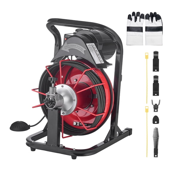 KFFKFF Drain Cleaning Machine 50 FT x 5/16 Inch, Automatic Feed Sewer Snake with 4 Cutting Tools & Foot-Activated Switch for 2" to 4" Pipes