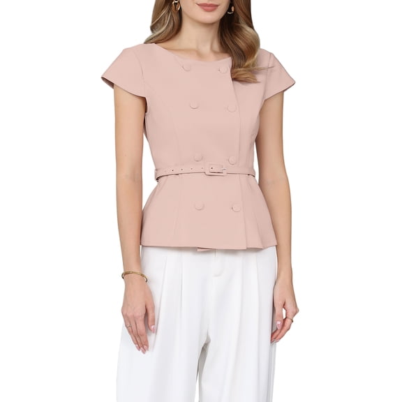 INSPIRE CHIC Women's Vintage Blouse Button Down Cap Sleeve Boat Neck Business Office Peplum Top with Belted S Pink