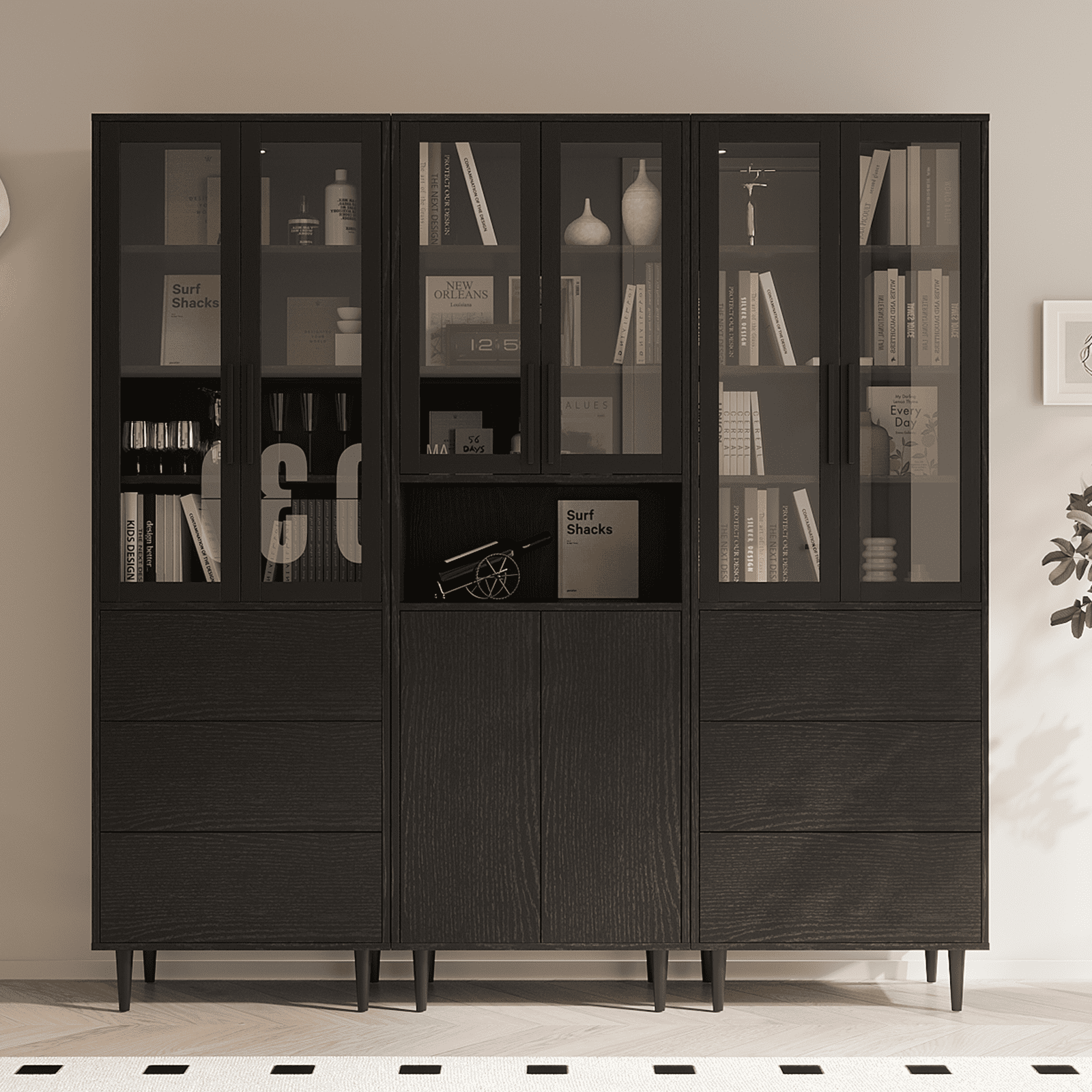 RichYa 71"H Tall Bookcase with Glass Door,4 Doors Display Bookshelf with Metal Legs,6 Tier Storage Cabinets for Living Room,Home Office,Black
