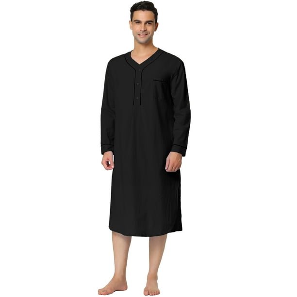 Camisón de algodón para hombre, camisón de manga larga, camisón Henley, ropa de dormir Negro XL