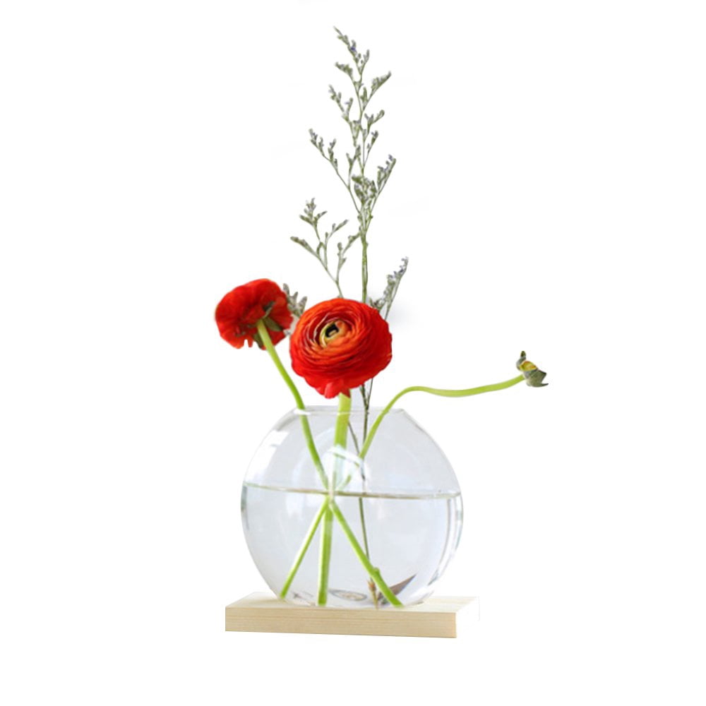 EIMELI Nordic Mini Creative Glass Clear Flower Vase Plant Bottle Hydroponic Terrarium Container Holder with Wood Stand Table Embellishment for Home Living Room Office Garden(Without Plant
