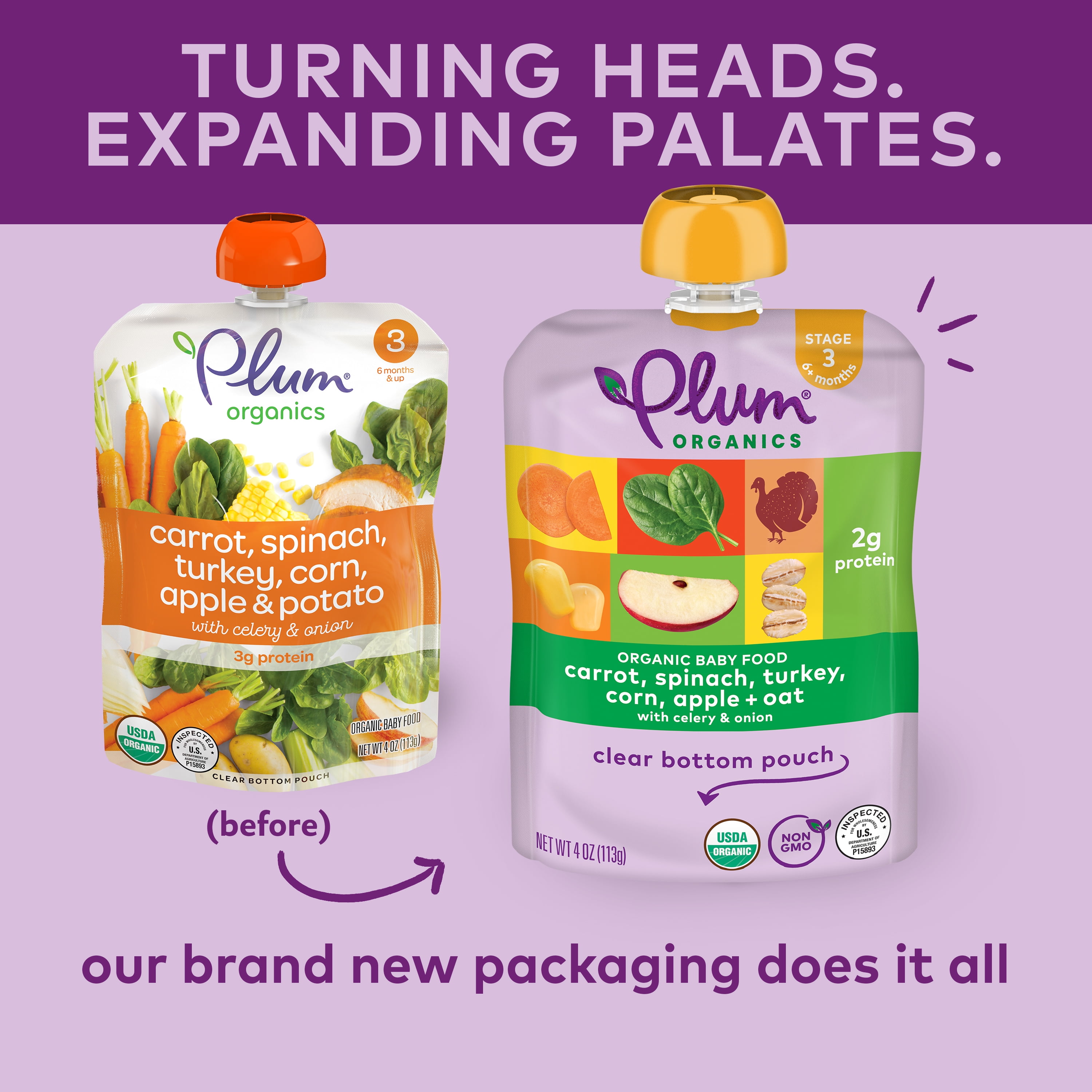 Plum Organics Stage 3 Organic Baby Food, Carrot, Spinach, Turkey, Corn, Apple and Potato, 4 oz Pouch - Case of 12