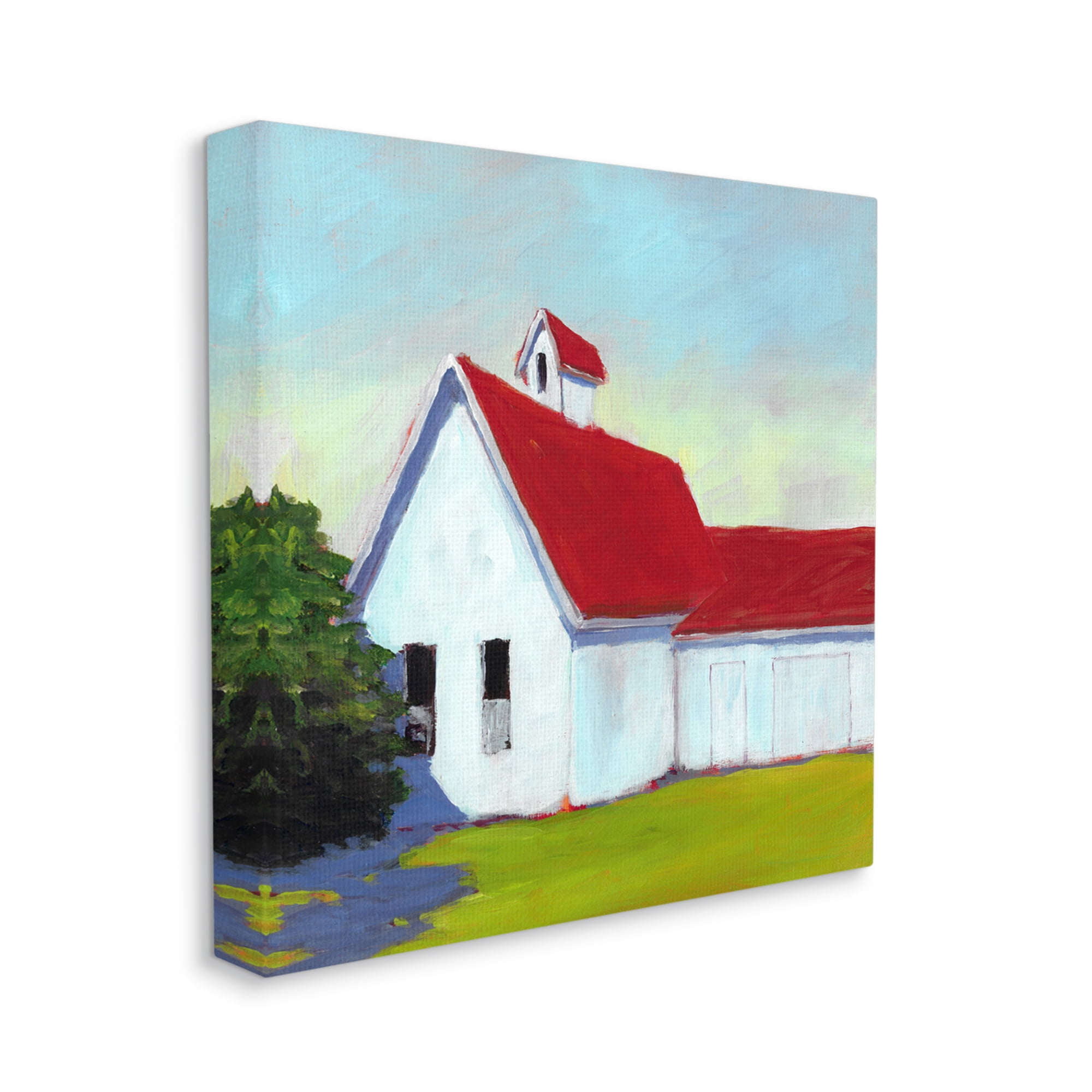 Stupell Industries Red & White Farm Cottage Travel & Places Painting Gallery Wrapped Canvas Art Print Wall Art, 17 x 17