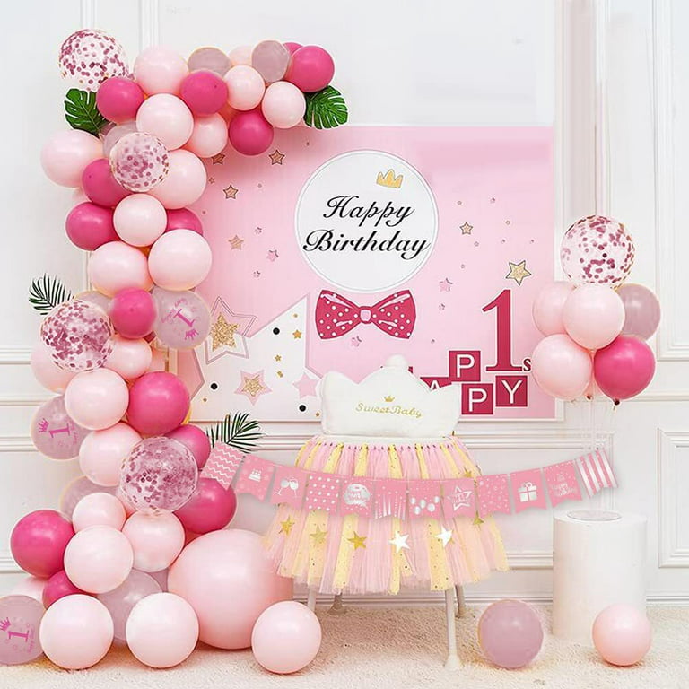 1st Birthday Decorations for Girls, Pink White Confetti Balloons and Pink  Gold Tablecloth Pink Birthday Balloons Happy Birthday Banner with Number 1