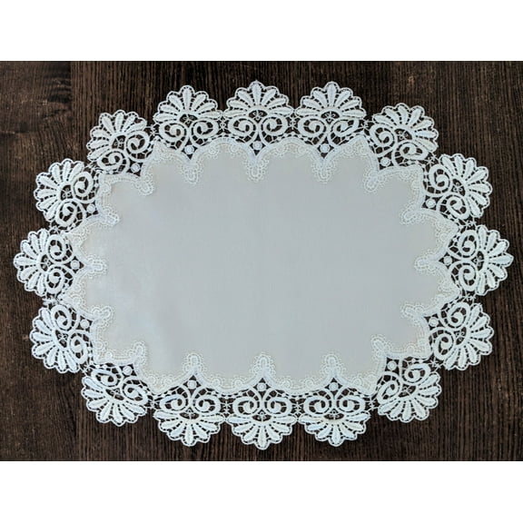 Doily Boutique Placemat or Doily in Ivory Fancy Lace and Fabric Handmade Size 24 x 15 inches