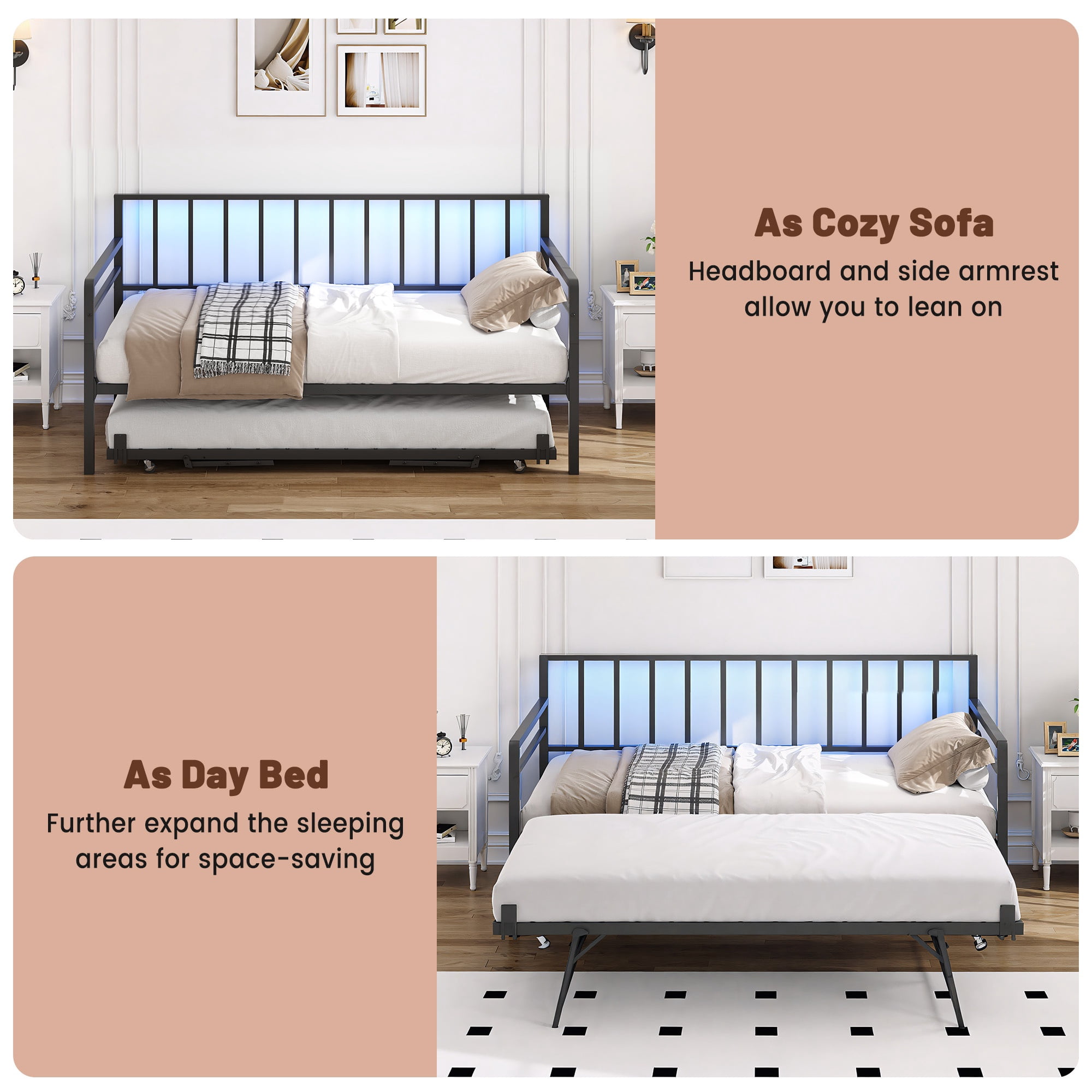 UHOMEPRO Twin Size Daybed with Trundle, Metal Daybed Frame with RGB LED Lights and Charging Station, Height Adjustable Twin Bed Frame No Box Spring Needed, for Bedroom Living Room Guest Room, Black