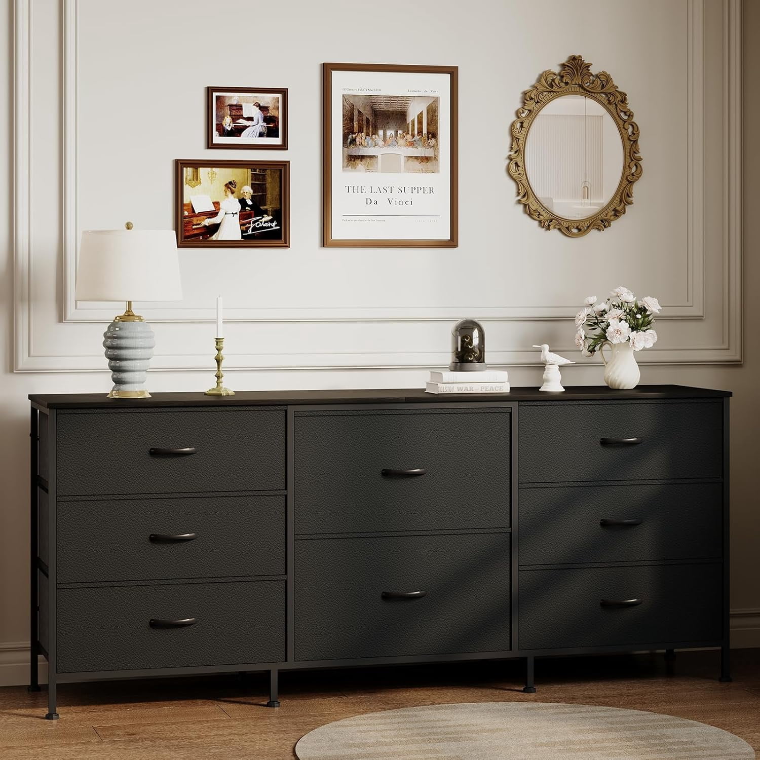 63 Inch TV Stand Dresser for Bedroom, 8 Fabric Drawers, for 65 70 75 Inch TV, Entertainment Center with Storage Media TV Console Table