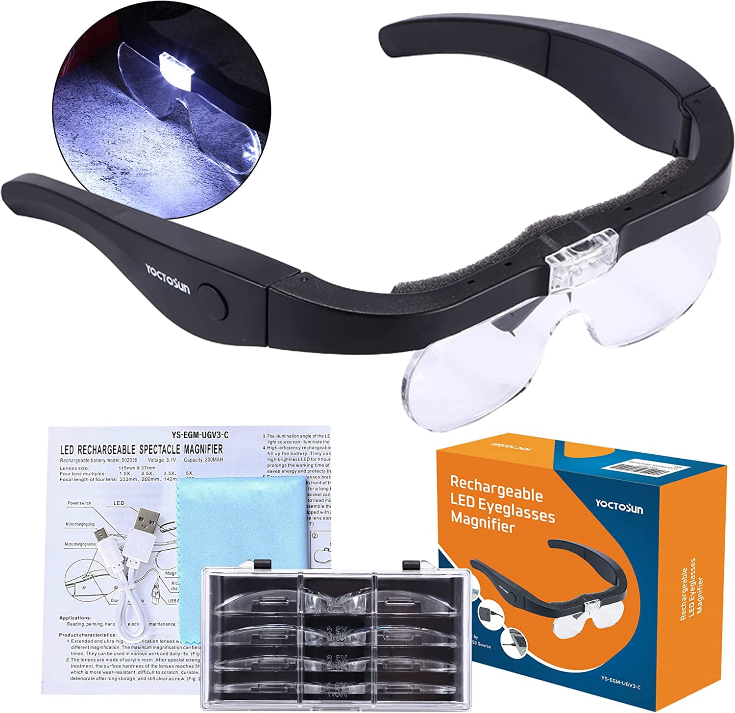 Rechargeable Magnifying Glasses, Head Magnifier Glasses with 2 LED Lights and Detachable Lenses, Best Eyeglasses Magnifier for Reading and Hobby
