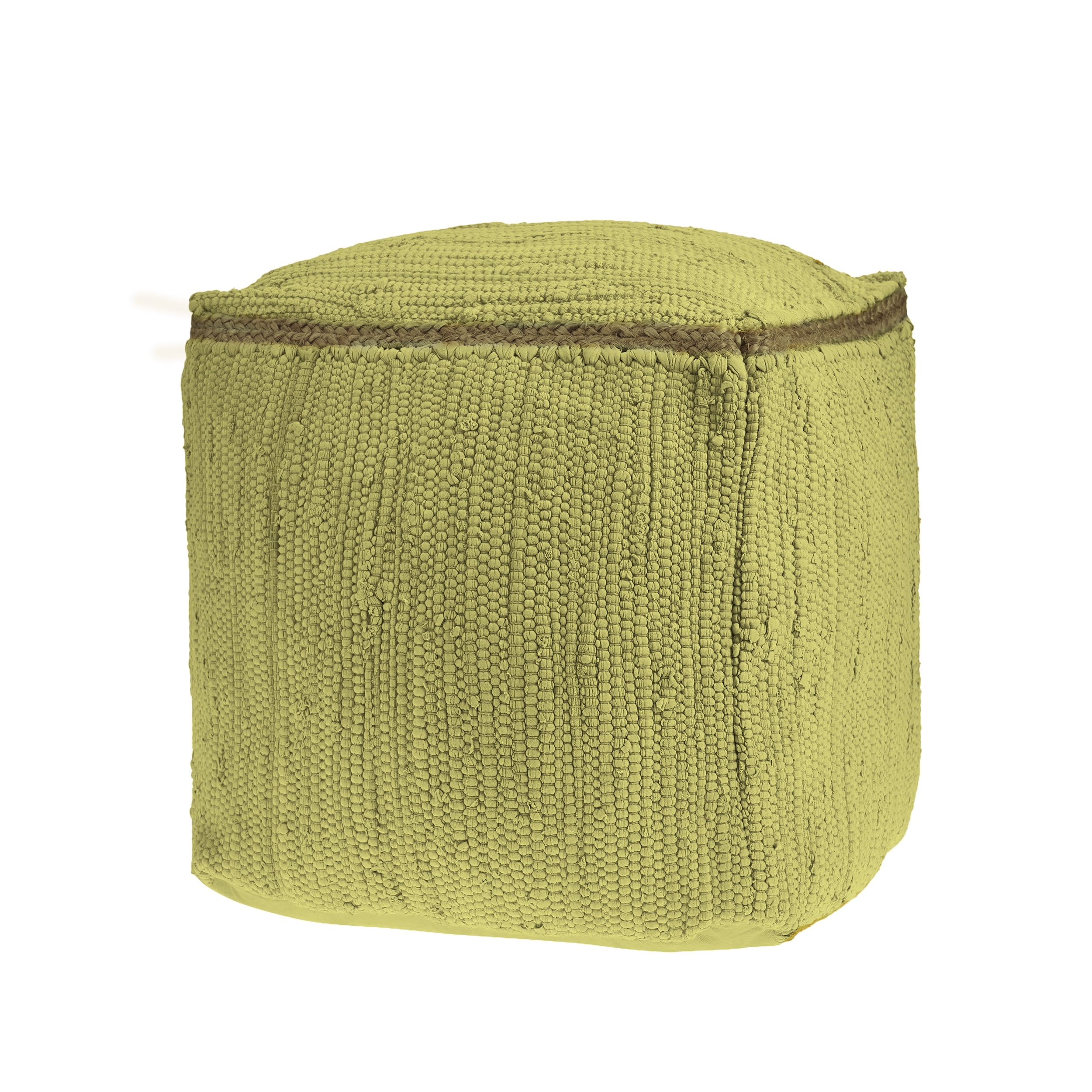 LR Home Square Yellow Braided Cotton and Jute Pouf Ottoman, 18" H x 18" W