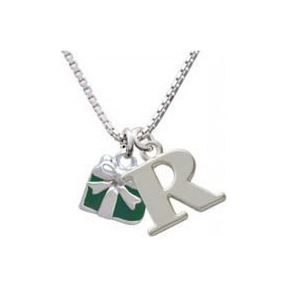 Silvertone Small Green Enamel Present Capital Initial R Necklace