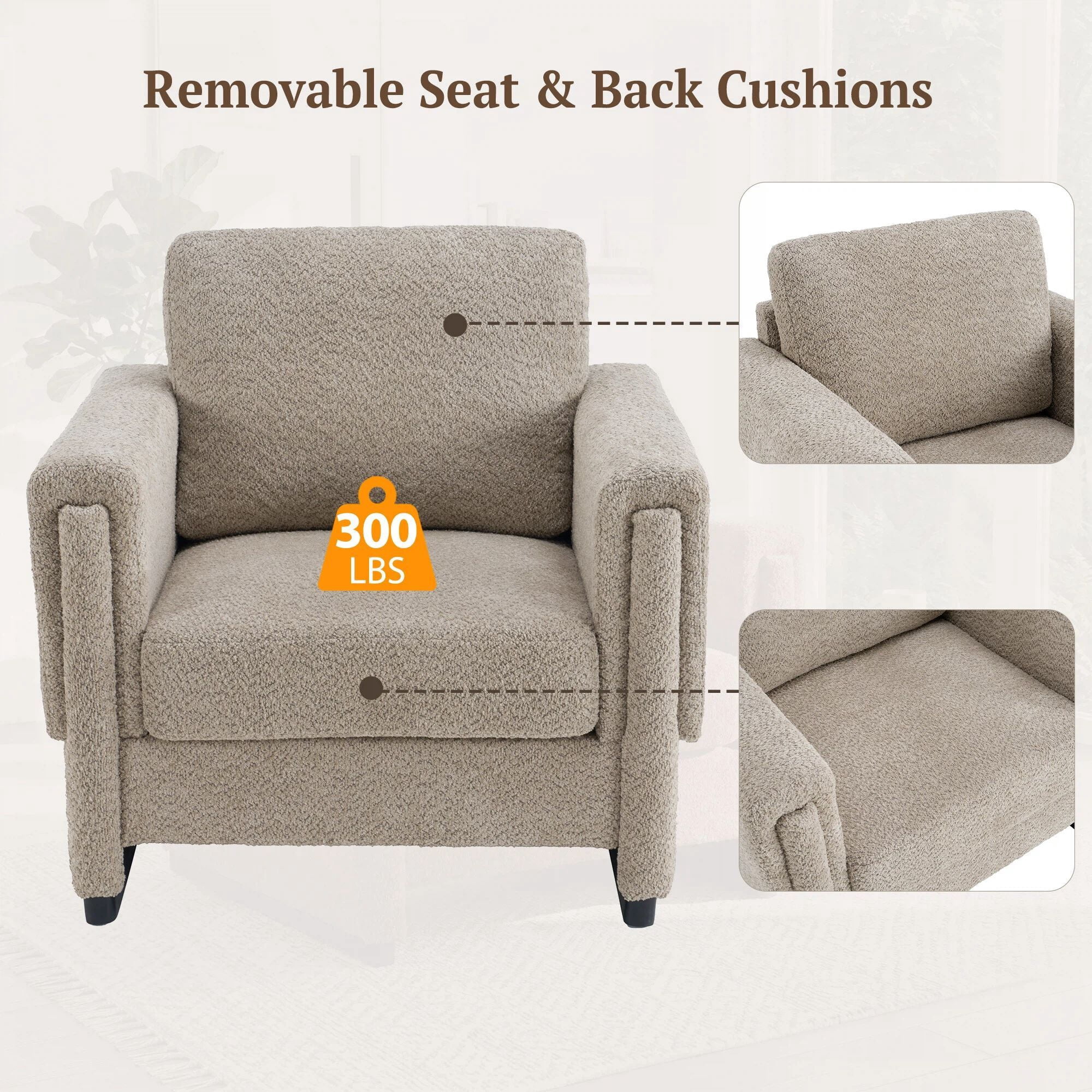 Euroco Modern Upholstered Accent Chair with Armrests, Boucle Fabric Armchair Comfy Reading Chair with Solid Wood Legs & Thick Cushion, Square Arm Club Chair for Living Room Bedroom Office,Brown