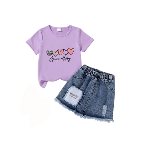 Jamsmile Toddler Girls Outfits Sets Summer Love Heart Print Tshirts And Denim Skirts 2 Piece Playwear Girls Active Wear Clothes