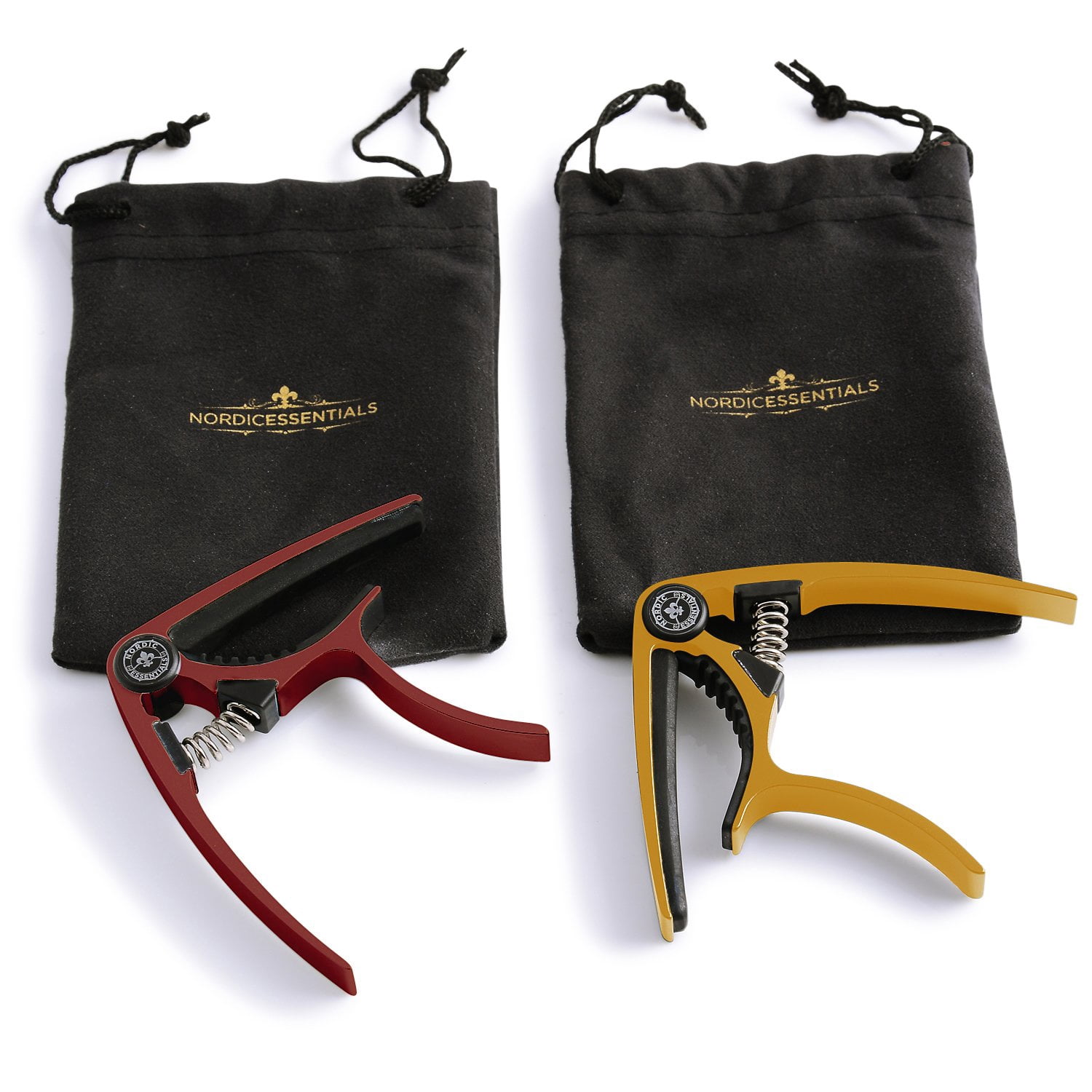 Guitar Capo (2 Pack) for Acoustic Guitars, Ukulele, Banjo, Mandolin, Bass - Made of Ultra Lightweight Aluminum Metal (1.2 oz!) for 6 & 12 String Instruments - Nordic Essentials (Red + Gold)