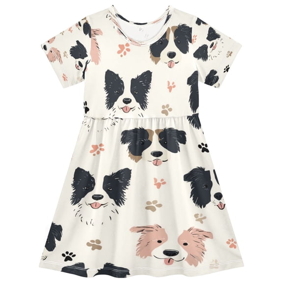 Girls Short Sleeve A-Line Dress Dog Head and Paw Prints Play Dress Sizes 2T