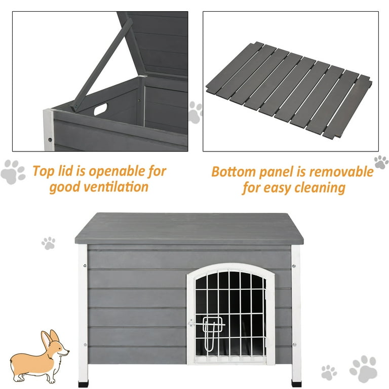 PawHut 31 L Wooden Decorative Dog Cage Kennel Wire Door with Lock Small Animal House with Openable Top Removable Bottom Gray