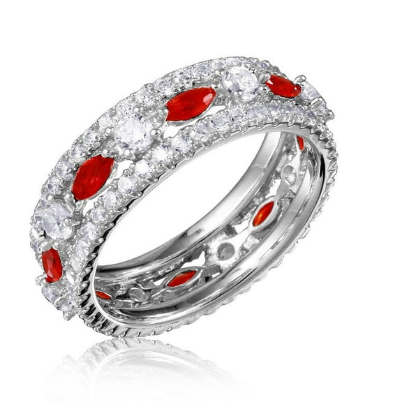Sterling Silver 925 Rhodium Plated Band Encrusted Clear & Red Jewelry Female Male Unisex Size 9