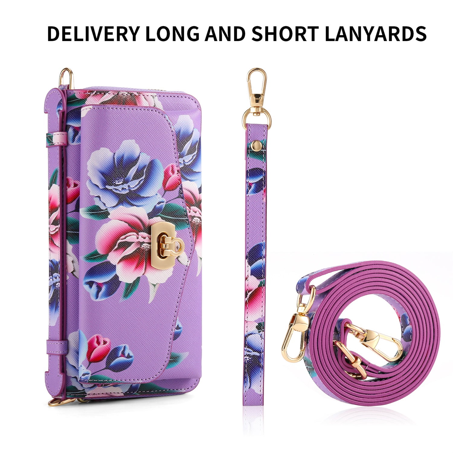 SaniMore Magnetic Detachable Wallet Case for Samsung Galaxy S22 Ultra, Flower Pattern RFID Blocking Cover Support Wireless Charging Card Slot Shoulder & Wrist Strap 360° Full Protective Shell, Purple