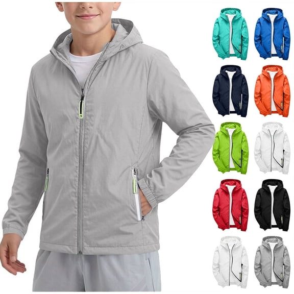 HAOTAGS Boys Sun Protection Jacket Lightweight Active Hooded Outdoor Cooling Shirt for Fishing Running Gray Size 7-8Years