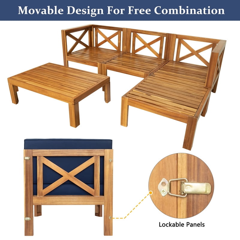 5-Piece Solid Wood Outdoor Sectional Sofa Set with Ottoman, Patio Furniture Set with Cushions, Outdoor Seating Group Set with Coffee Table