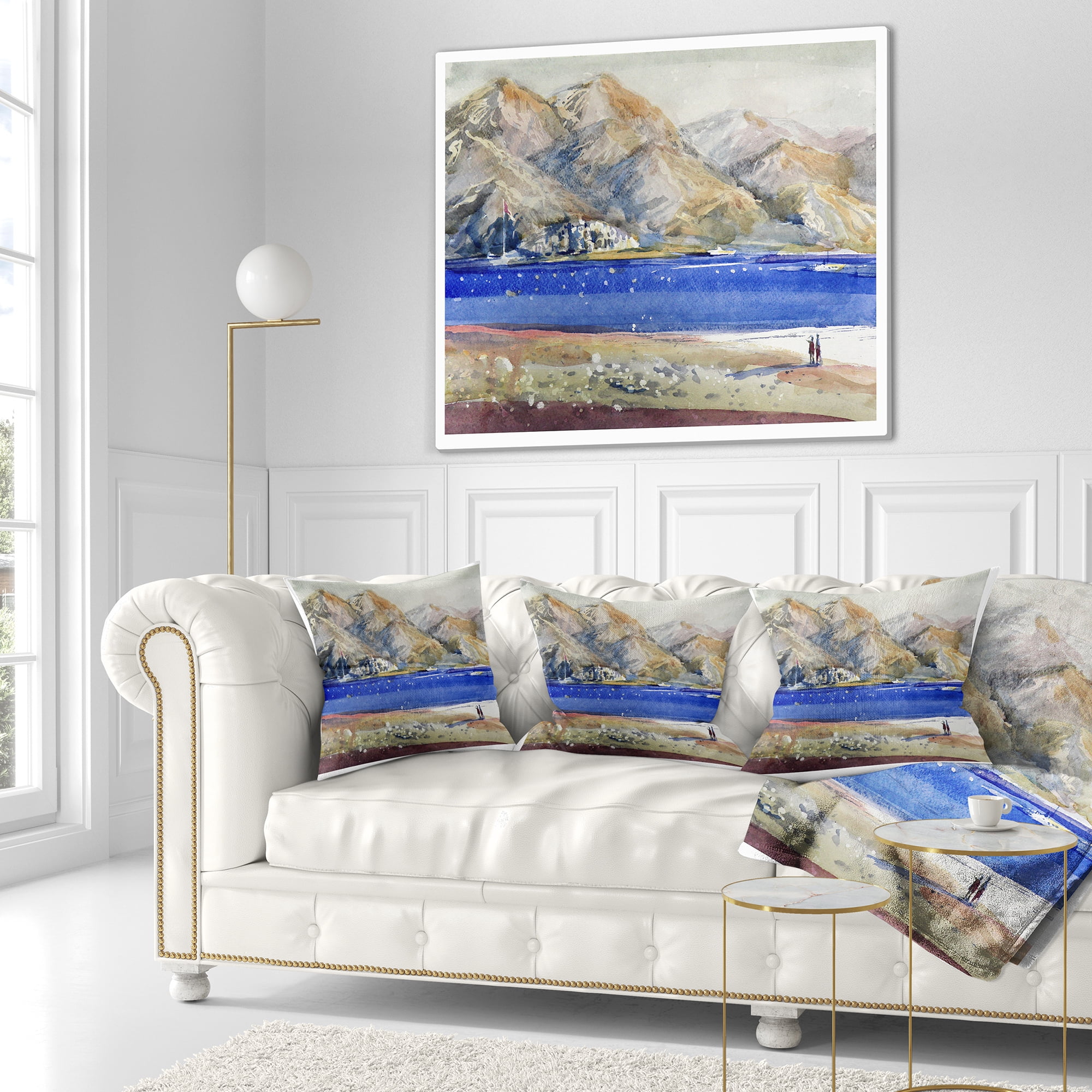 Designart Mountains and Blue Sea - Landscape Printed Throw Pillow - 16x16