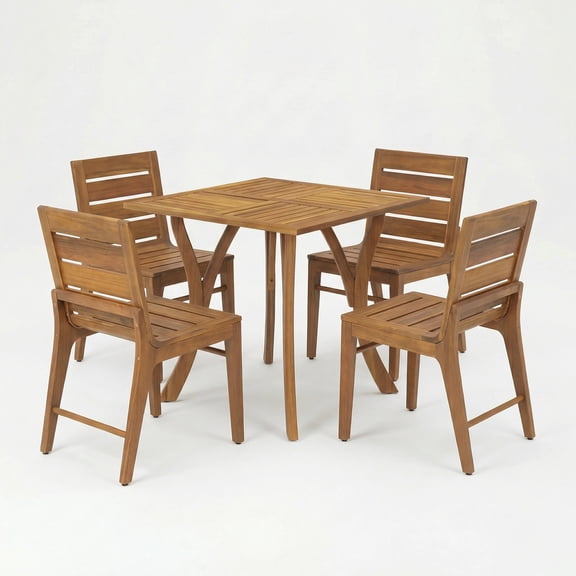 5-Piece Acacia Wood Outdoor Dining Set with Slatted Back Chairs Teak