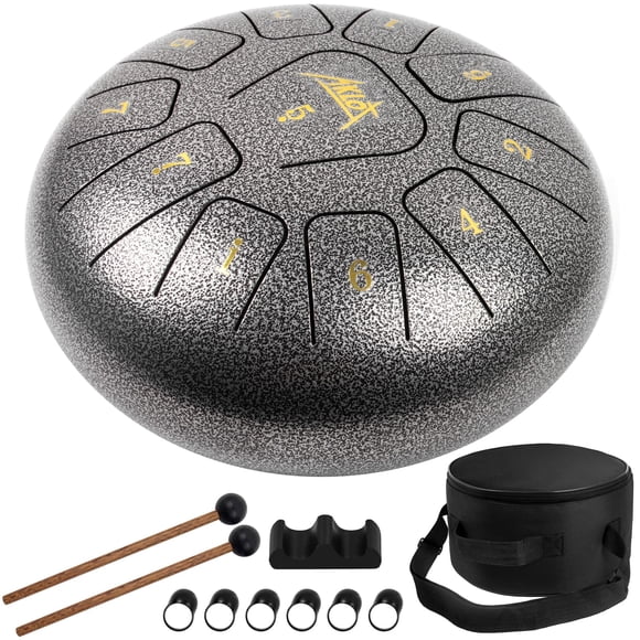 Steel Tongue Drum, AKLOT 10" Hand drum 11 Notes Tank Drum C Key Percussion Steel Drum Kit w/Drum Mallets Note Stickers Finger Pic