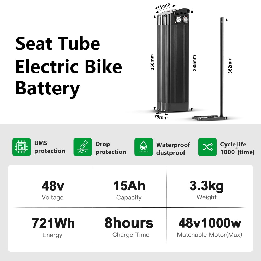YOSE POWER 48V 15AH Lithium Ebike Battery Seat Tube 250W 350W 500W 750W 1000W Bicycle Electric Bike Battery with Charger 2Pins Discharge Port 30A BMS Silverfish E Bike Batteries