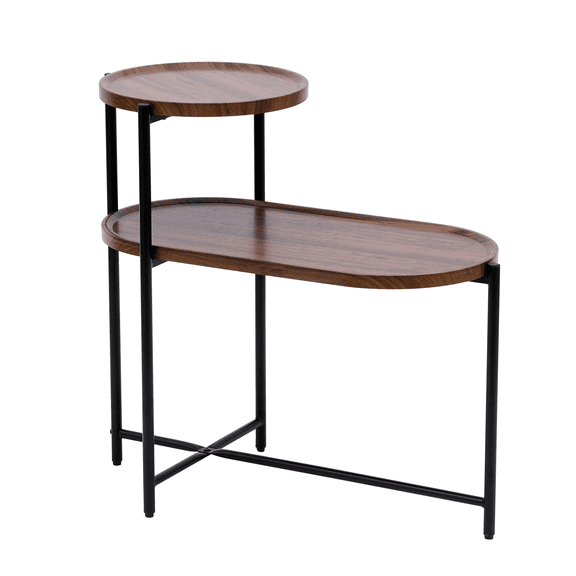ECOBUY End Tables, 2-Tier Storage Oval Accent Table, Walnut Brown Wood Top & Black Metal Frame, Compact Side Table