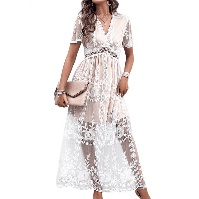 Vestido de Novia de Encaje Floral con Cuello en V y Corta para Mujer, Vestido para Dama de , Cóctel o Fiesta L