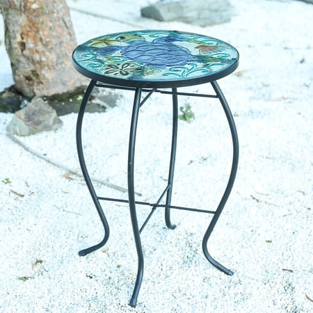 Round Mosaic Turtle Accent Table – 14 Inch Glass Top with Black Metal Frame, Indoor/Outdoor Side Table for Patio, Living Room & Bedroom