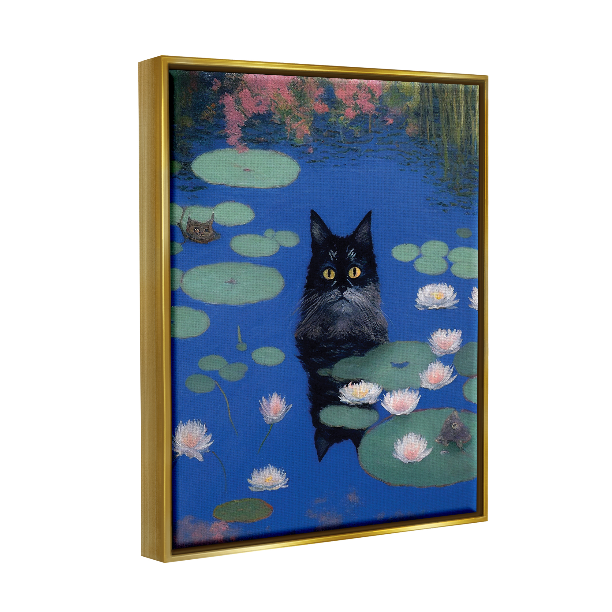 Stupell Industries Black Cat in Pond Animals & Insects Painting Gold Floater Framed Canvas Art Print Wall Art, 17 x 21