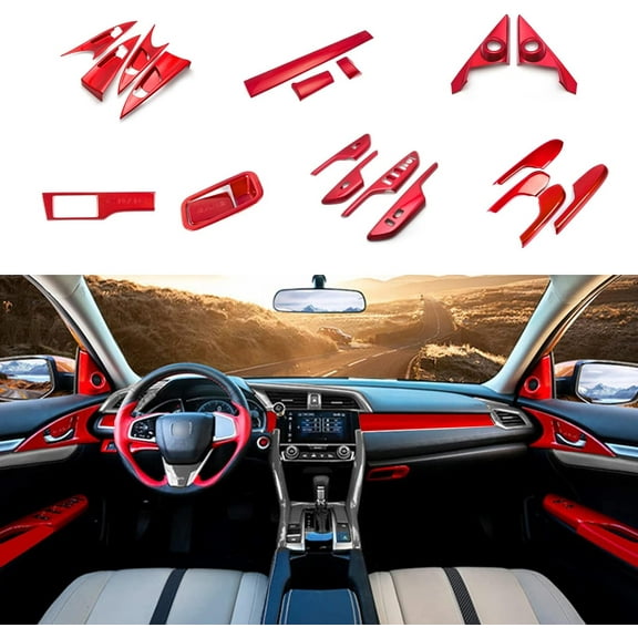 Xotic Tech Interior Center Console Stripe Armrest Window Switch Handle Bowl Panel Headlight Switch Pillar Speaker Cover Trim Combo Kit ,Sporty Red ,Compatible with Honda Civic Sedan 2016-2021
