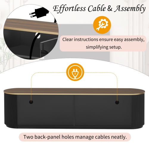 70.8 Inch Modern Minimalist TV Stand for TVs up to 80 Inches, Wood Grain Entertainment Center with 2 Glass Door Cabinets, 3 Drawers and Interior Shelf, Black
