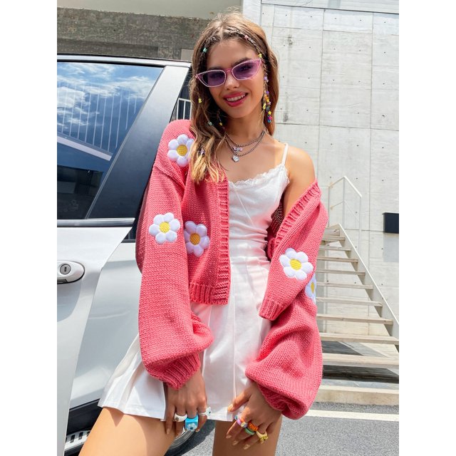 Cárdigan de punto con bordado de flores para mujer, suéter de flores, cárdigan de manga farol, abrigos de moda, prendas de vestir exteriores, otoño