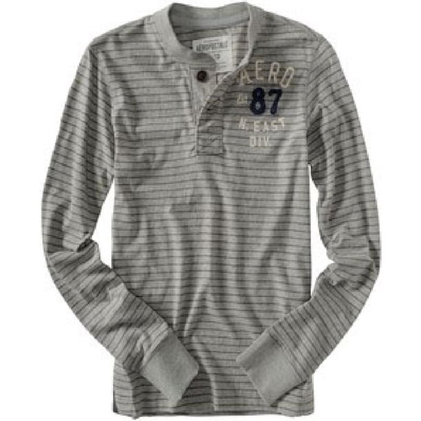 Aeropostale - Camiseta gráfica para hombre con diseño de rayas Henley, gris, pequeña