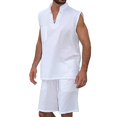 thumbnail image 2 of jsaierl Men's Linen Solid Shorts Sets Summer Sleeveless Tracksuit V-Neck Workout Vest Top Casual Yoga Beach Outfits, 2 of 4