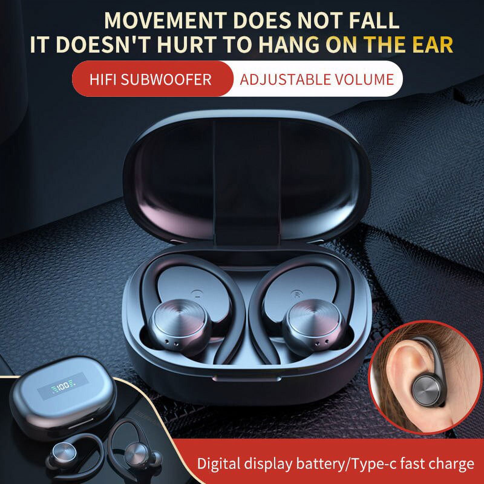 TWS Bluetooth Earphones With Microphones Sport Ear Hook LED Display Wireless Headphones HiFi Stereo Earbuds Waterproof Headsets