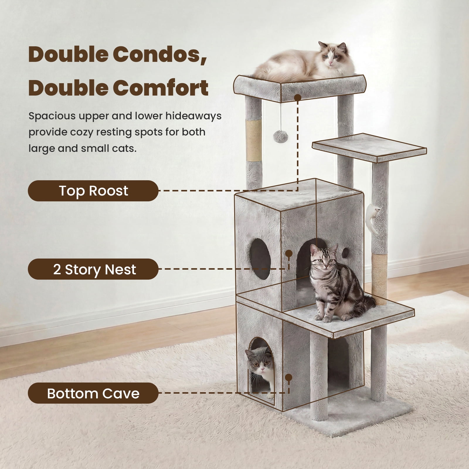 50 in Cat Tree Tower for Large Cats - Tall Cat Cando with Scratching Posts & Dangling Toys for Indoor Cats, Light Gray, 23.20 x 21.60 x 50.00 in