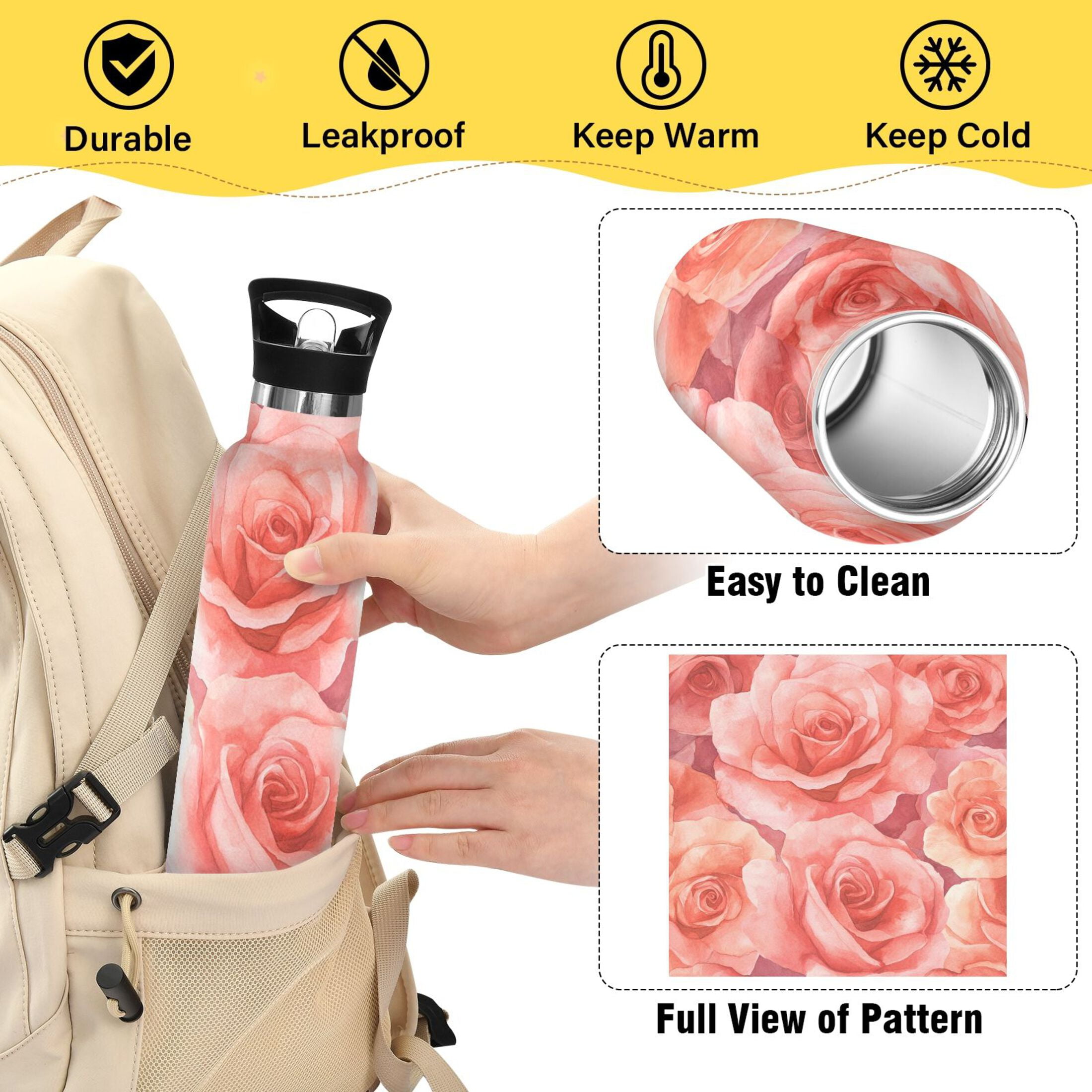 600ML Stainless Steel Insulated Cup Sports Water Bottle Portable Thermos Cup Water Glasses Insulated Tumblers Convenient and Durable Cartoon Pink Roses