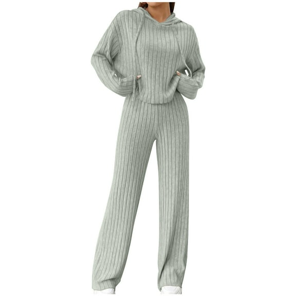 Plebaso Two Piece Outfits for Women Lounge Sets Knit Sweater Hoodies and Long Pants Sweatsuit Sets
